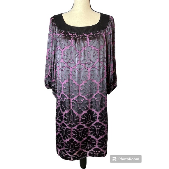 M.S.S.P. Shift Dress in Purple w/Black Flocked Flowers Silk Blend Size Medium - Picture 1 of 5